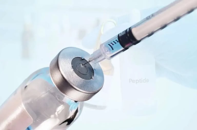 Medical syringe administering injection into a vial with metal cap against a light blue background